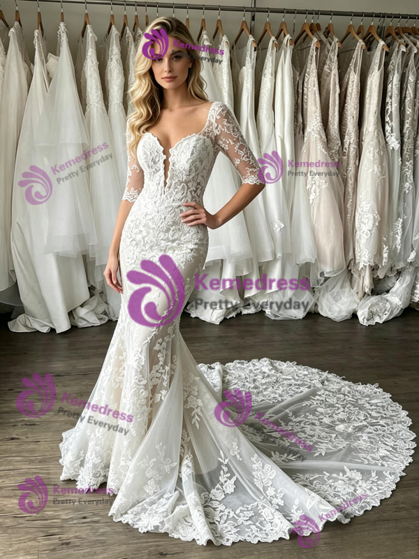 White Mermaid Lace Short Sleeve Wedding Dress