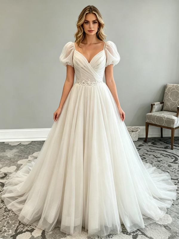 Beige White Tulle Puff Sleeve Wedding Dress