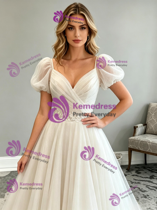 Beige White Tulle Puff Sleeve Wedding Dress
