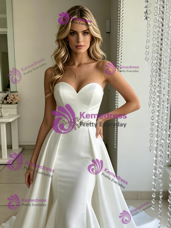 White Mermaid Strapless Beading Wedding Dress