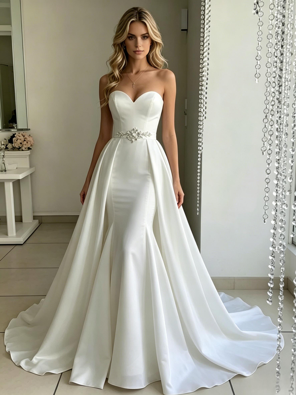 White Mermaid Strapless Beading Wedding Dress