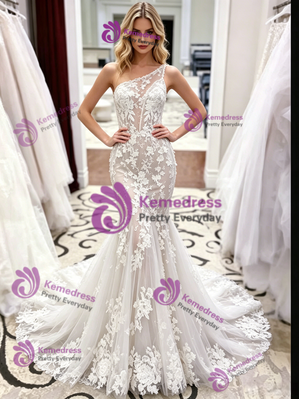 White Mermaid Tulle Lace One Shoulder Wedding Dress
