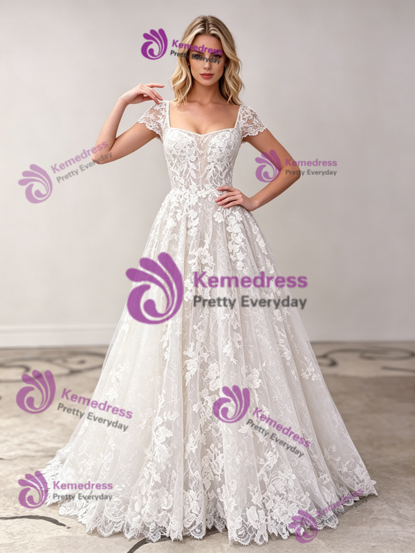 White Tulle Appliques Cap Sleeve Wedding Dress