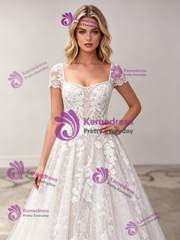 White Tulle Appliques Cap Sleeve Wedding Dress