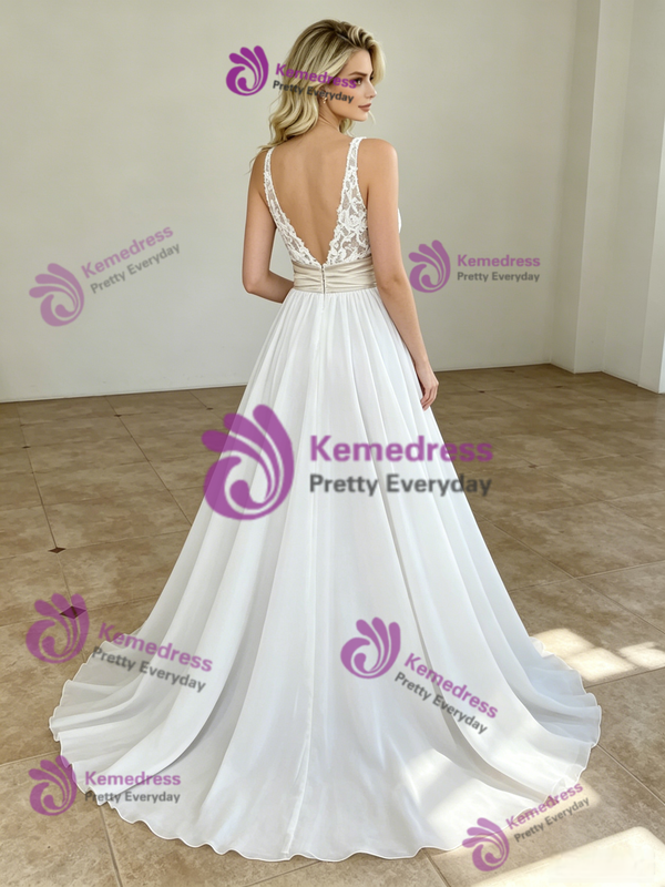 A-Line White V-neck Wedding Dress