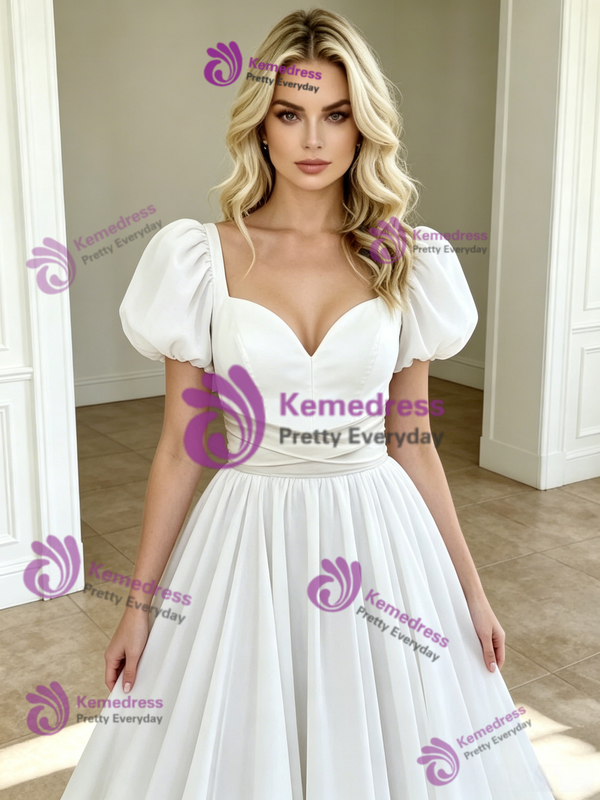 White Puff Sleeve Square Neck Wedding Dress