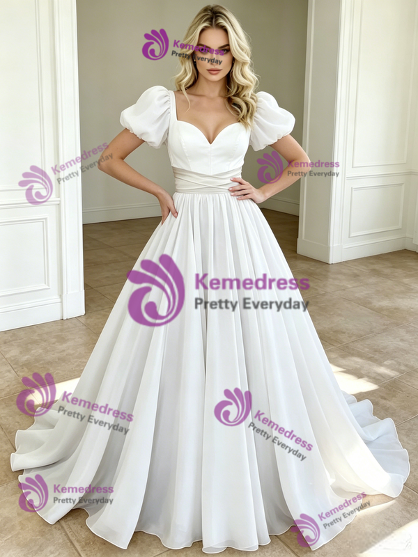 White Puff Sleeve Square Neck Wedding Dress