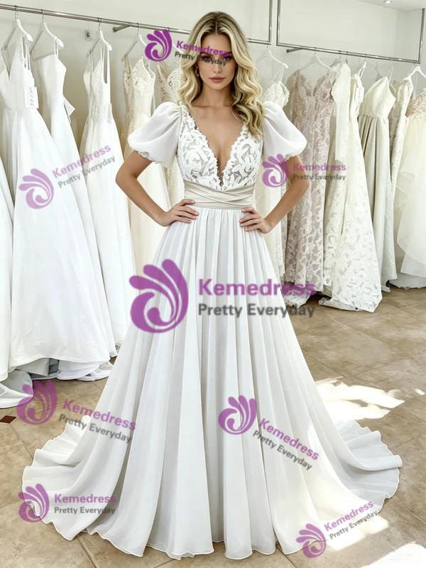 White Puff Sleeve Lace Wedding Dress