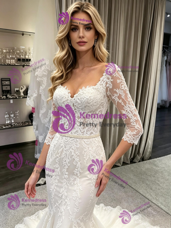 White Mermaid Tulle Lace Short Sleeve Wedding Dress