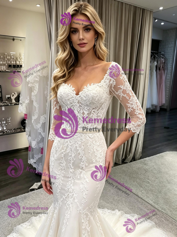 White Mermaid Tulle Lace Short Sleeve Wedding Dress