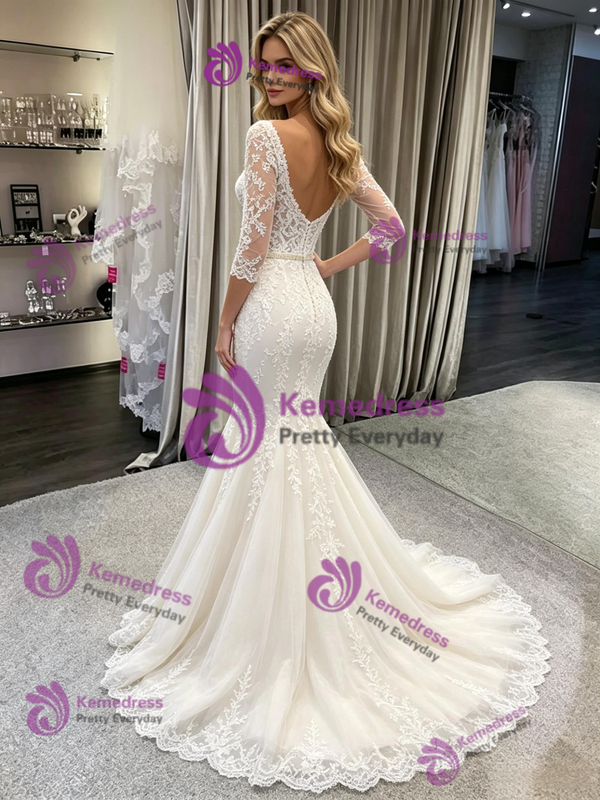 White Mermaid Tulle Lace Short Sleeve Wedding Dress