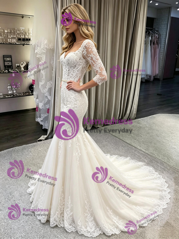 White Mermaid Tulle Lace Short Sleeve Wedding Dress