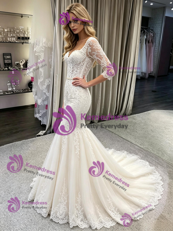 White Mermaid Tulle Lace Short Sleeve Wedding Dress