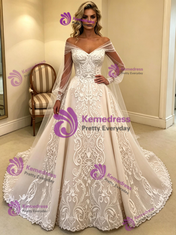 Long Sleeve Tulle Appliques Wedding Dress