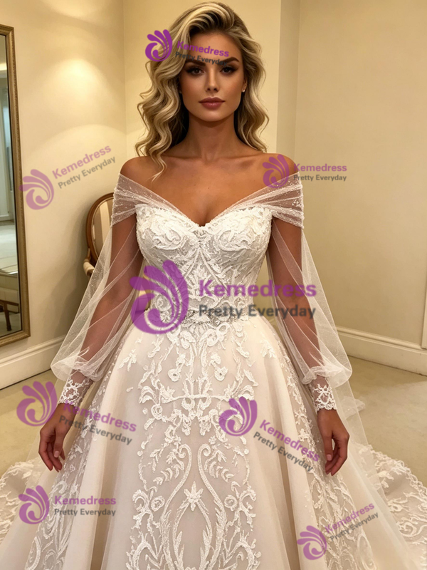 Long Sleeve Tulle Appliques Wedding Dress