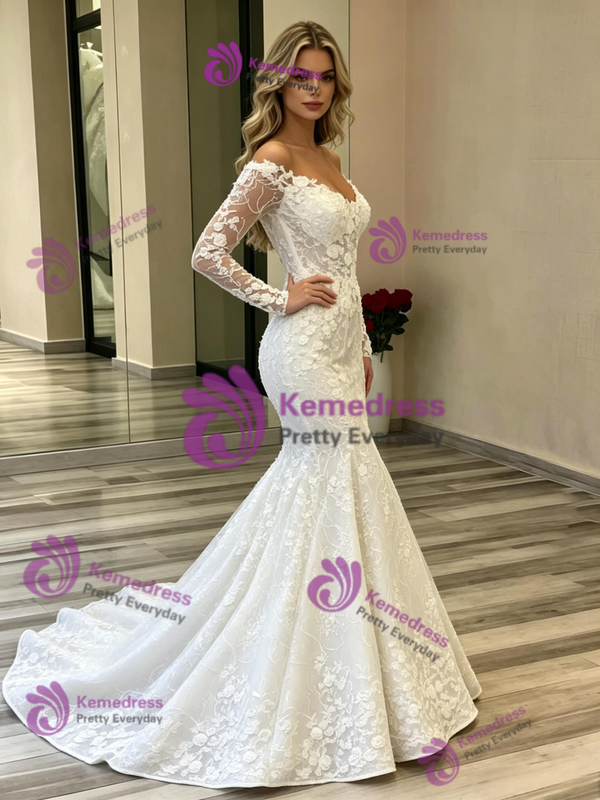 White Mermaid Long Sleeve Wedding Dress
