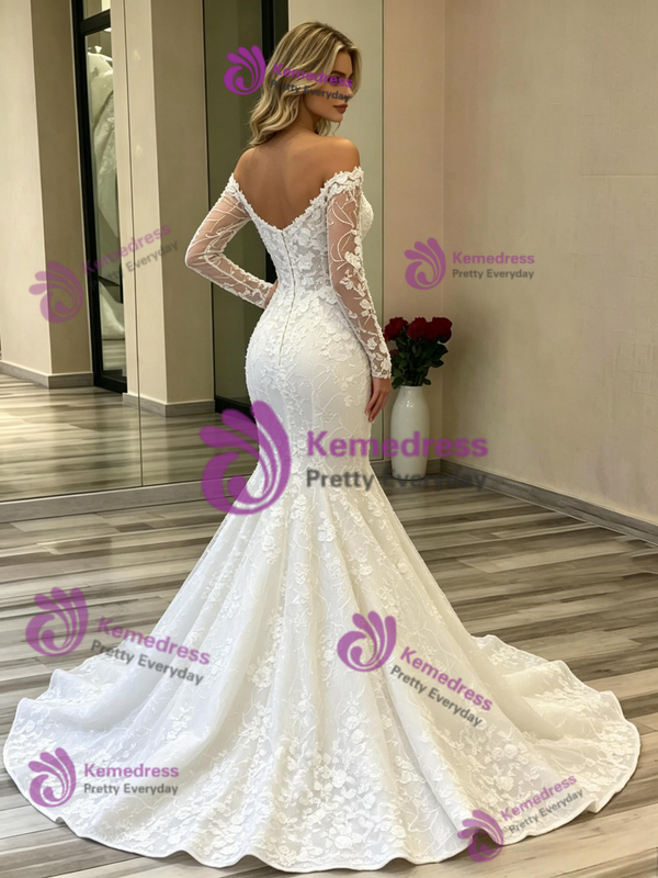 White Mermaid Long Sleeve Wedding Dress