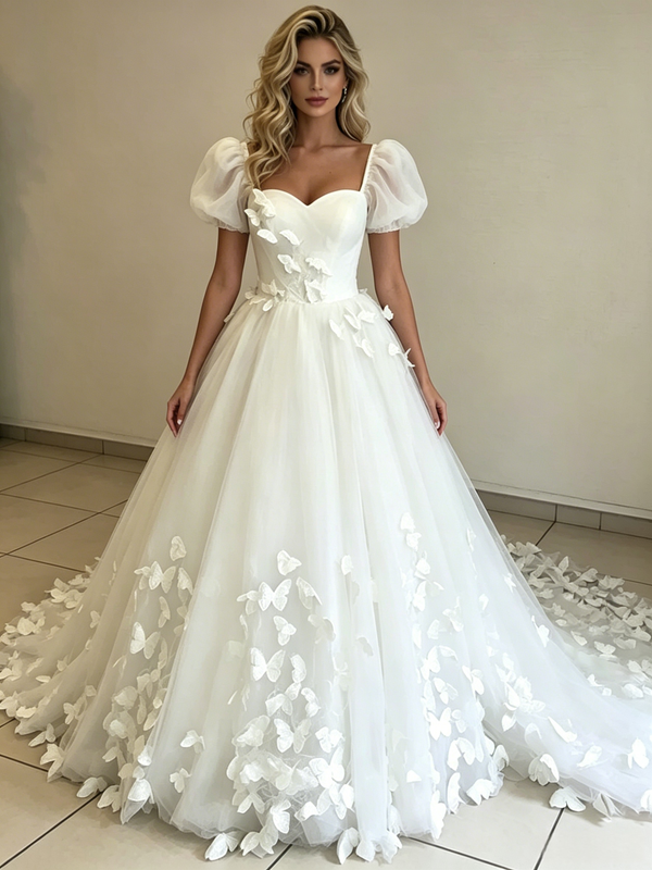 White Tulle Square Neck Puff Sleeve Wedding Dress