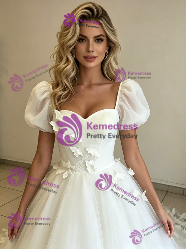 White Tulle Square Neck Puff Sleeve Wedding Dress