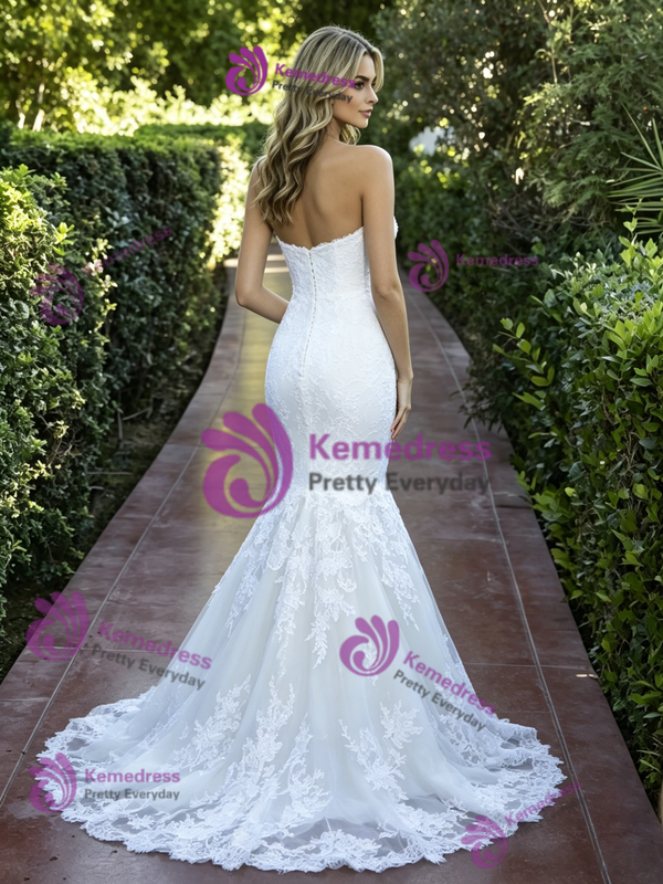 White Mermaid Tulle Lace Wedding Dress