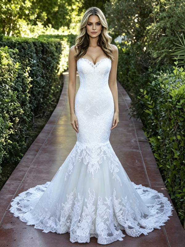 White Mermaid Tulle Lace Wedding Dress