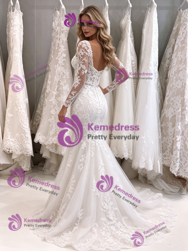 White Mermaid Tulle Appliques Long Sleeve Wedding Dress