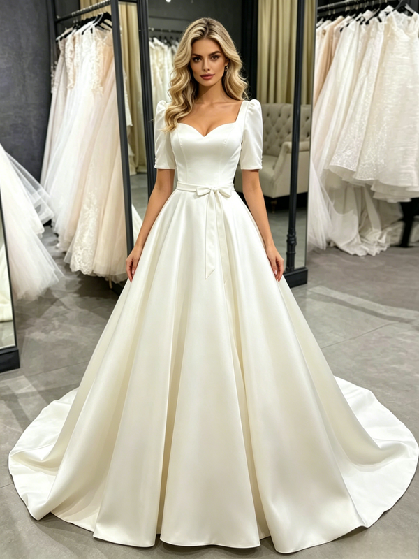 Beige Wite Satin Short Sleeve Wedding Dress