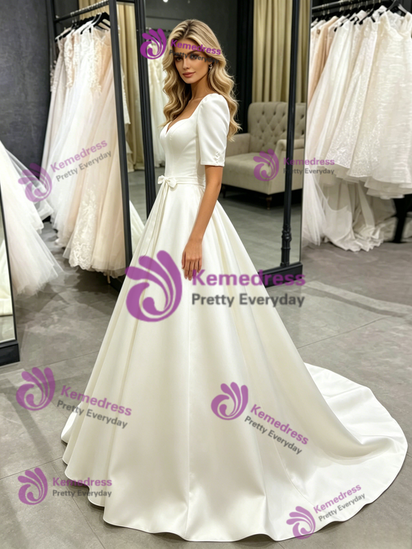 Beige Wite Satin Short Sleeve Wedding Dress