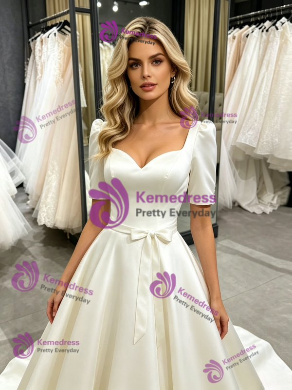 Beige Wite Satin Short Sleeve Wedding Dress