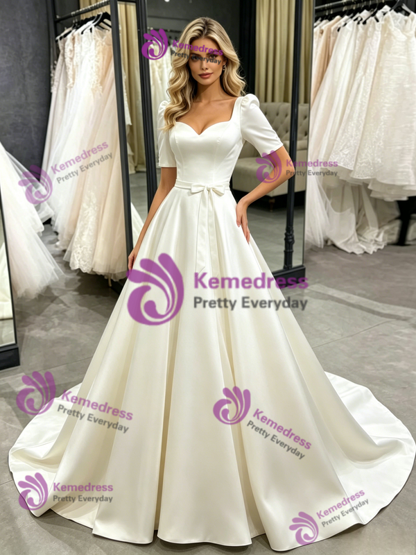 Beige Wite Satin Short Sleeve Wedding Dress