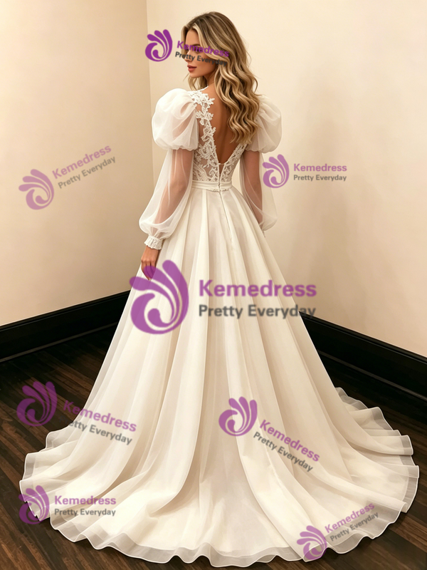 Beige White Tulle Long Sleeve Lace Wedding Dress