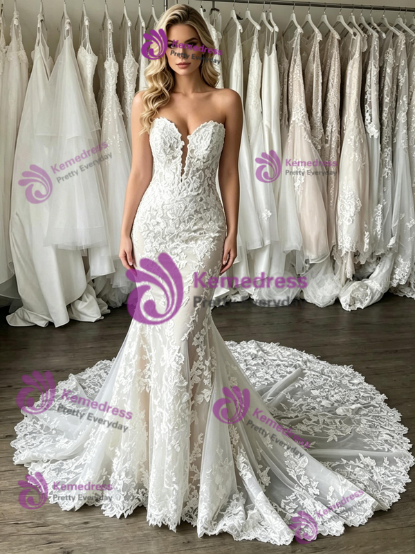 White Mermaid Tulle Appliques Strapless Wedding Dress