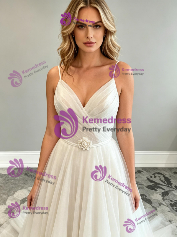 White Tulle Spaghetti Straps Pleats Wedding Dress