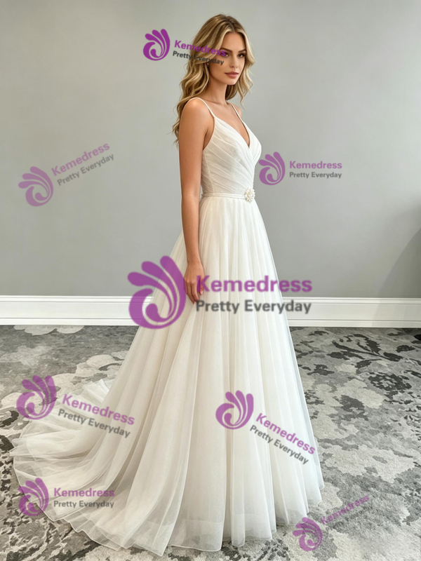 White Tulle Spaghetti Straps Pleats Wedding Dress