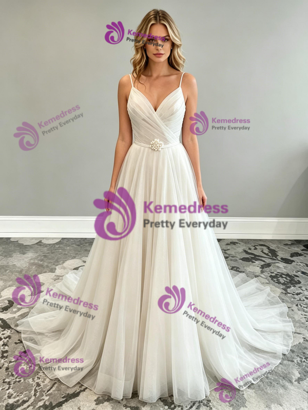 White Tulle Spaghetti Straps Pleats Wedding Dress