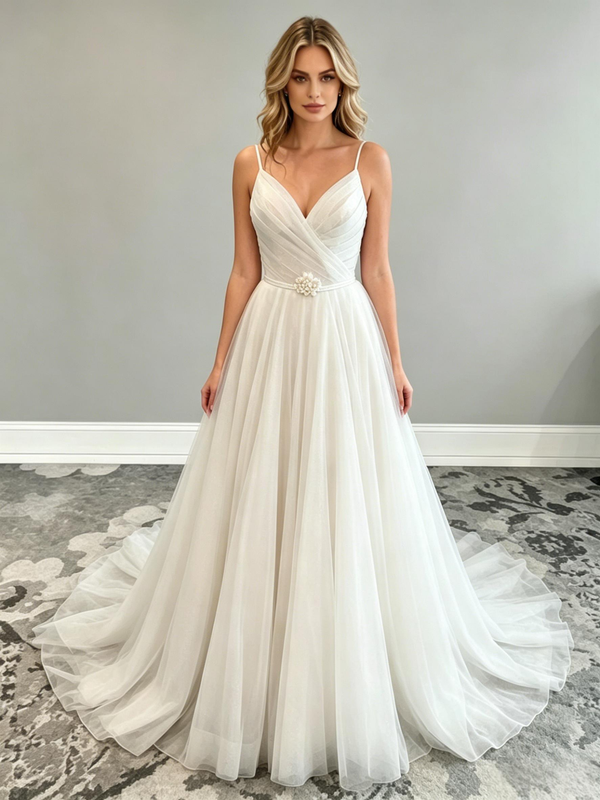 White Tulle Spaghetti Straps Pleats Wedding Dress