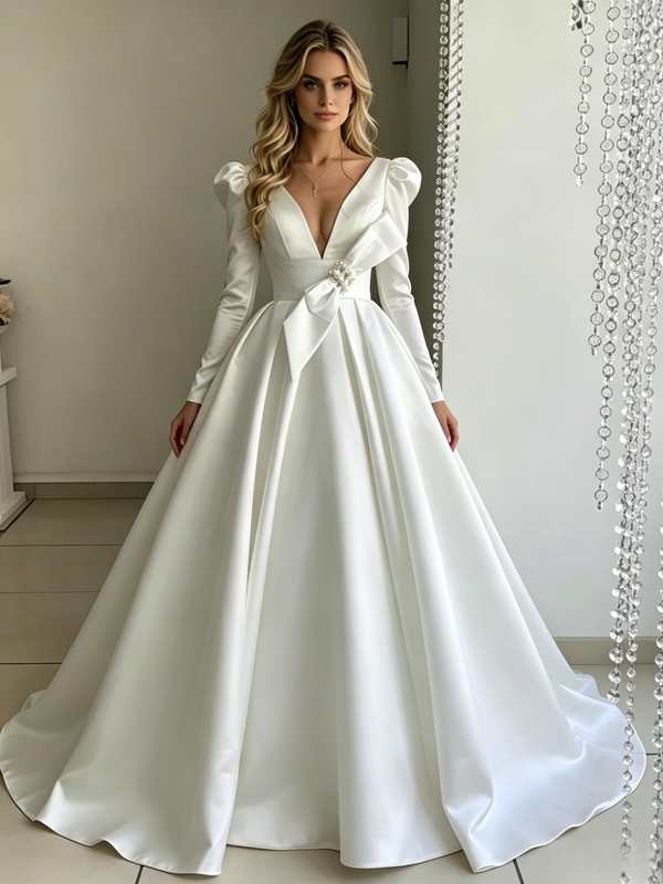 White Satin Deep V-neck Long Sleeve Wedding Dress