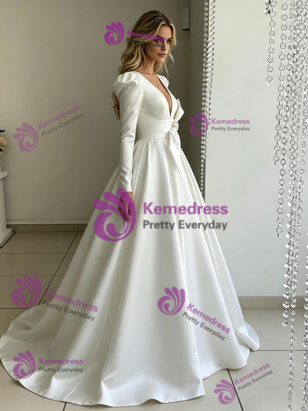 White Satin Deep V-neck Long Sleeve Wedding Dress