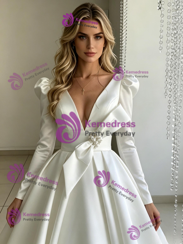 White Satin Deep V-neck Long Sleeve Wedding Dress
