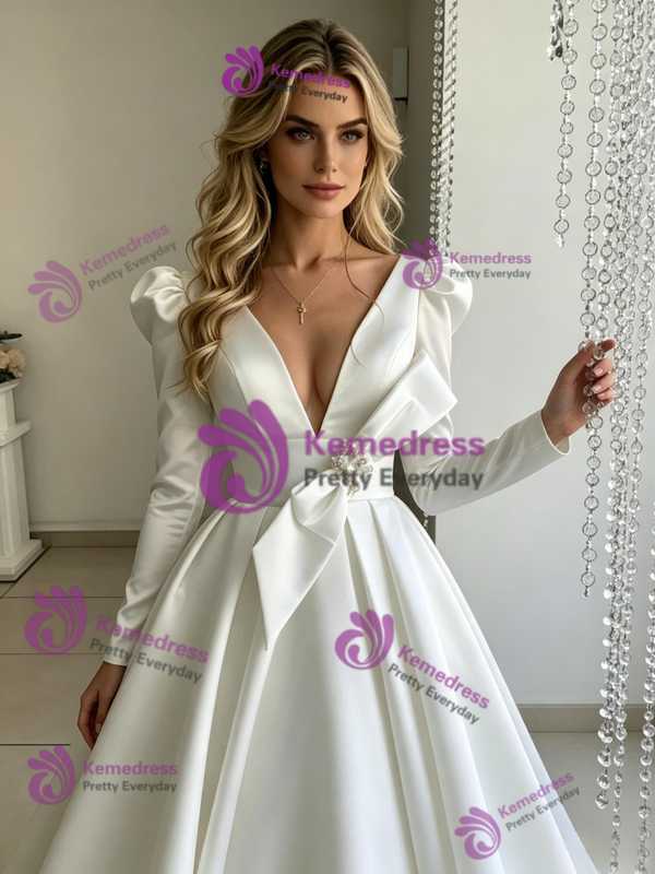 White Satin Deep V-neck Long Sleeve Wedding Dress
