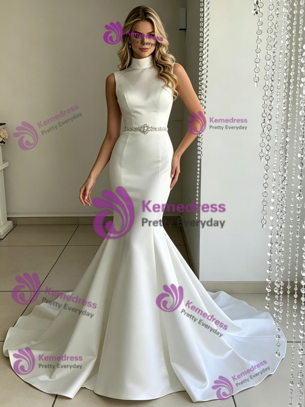 White Mermaid Satin High Neck Wedding Dress