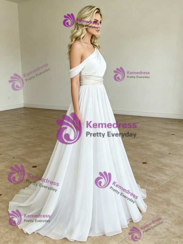 White Chiffon One Shoulder Pleats Wedding Dress