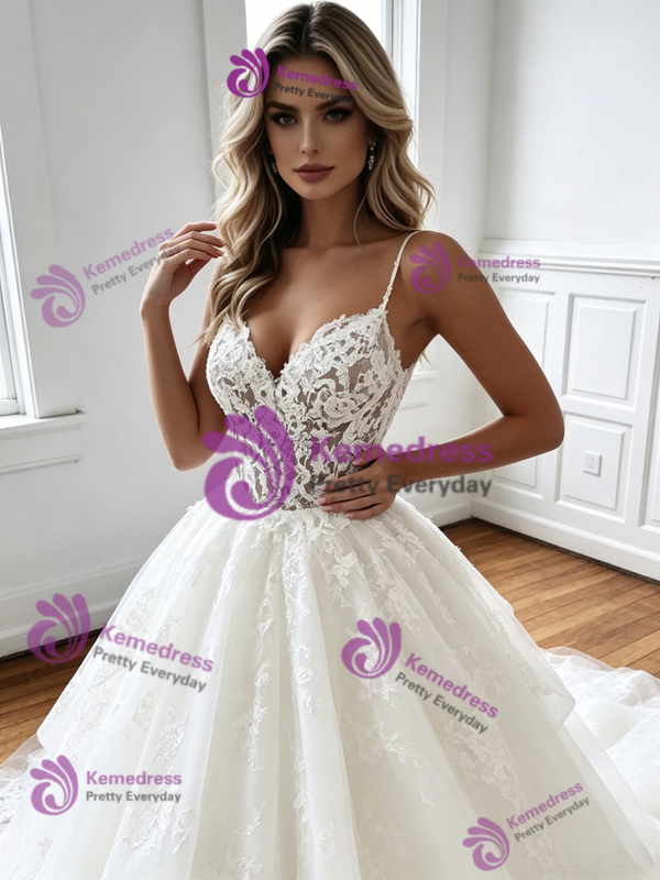 White Tulle Spaghetti Straps Wedding Dress