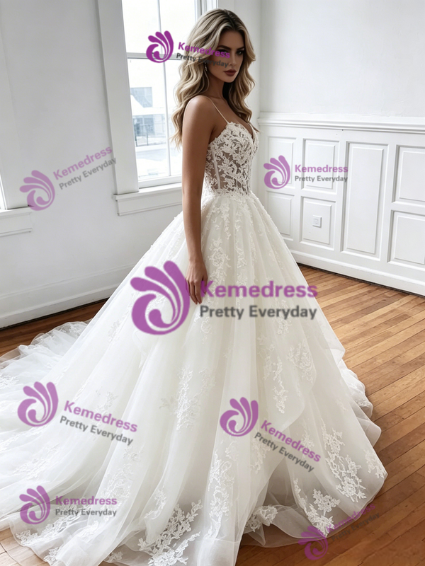 White Tulle Spaghetti Straps Wedding Dress