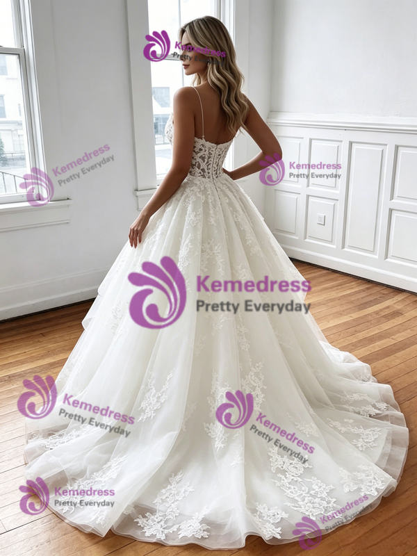 White Tulle Spaghetti Straps Wedding Dress