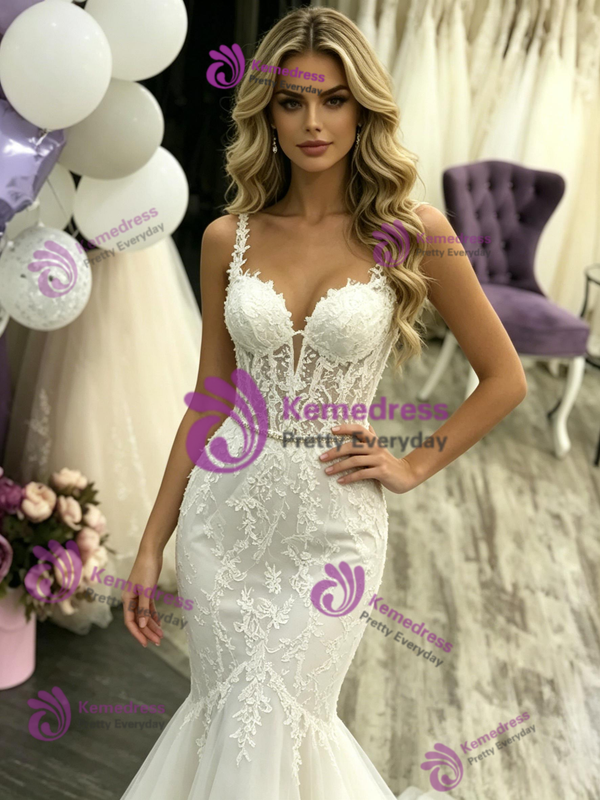 White Mermaid Tulle Lace Wedding Dress