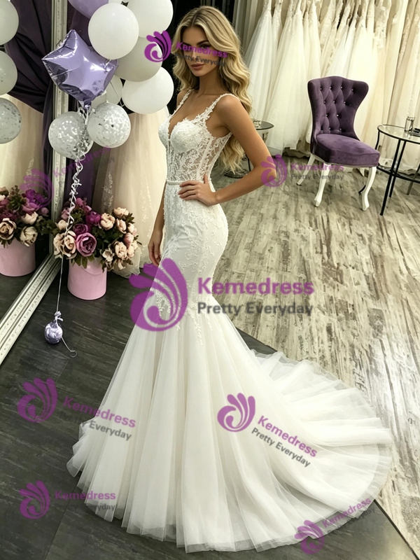 White Mermaid Tulle Lace Wedding Dress
