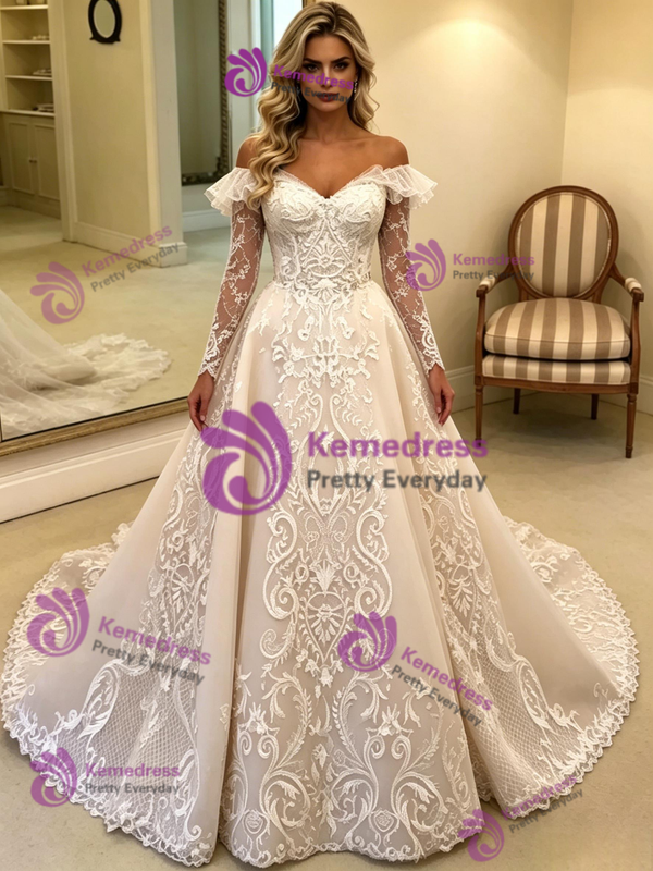 Beige White Tulle Appliques Off the Shoulder Wedding Dress