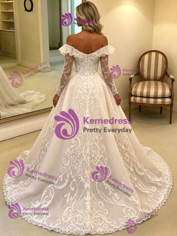 Beige White Tulle Appliques Off the Shoulder Wedding Dress