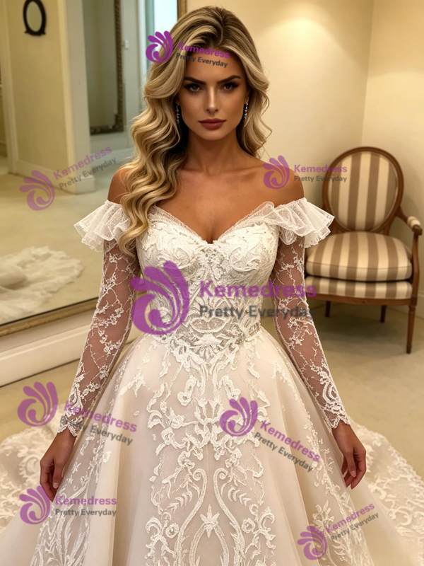 Beige White Tulle Appliques Off the Shoulder Wedding Dress